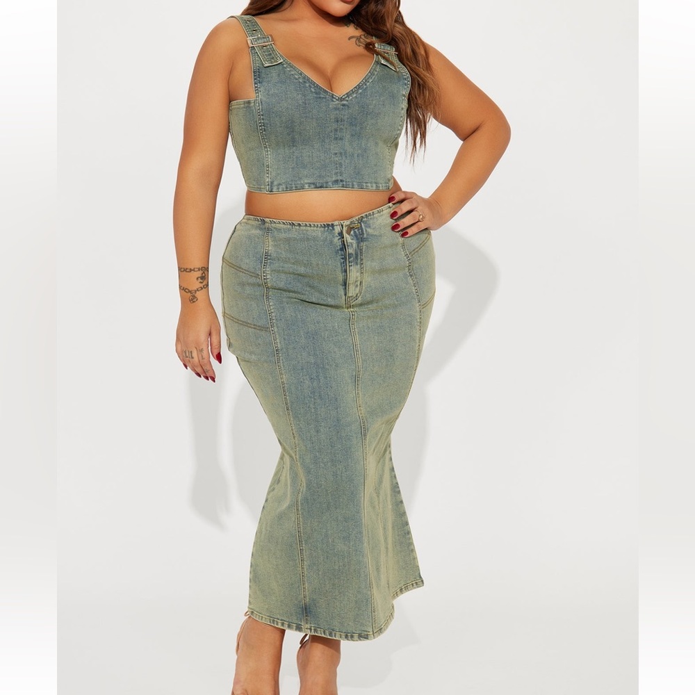 Classic Denim Skirt Set Vintage Wash